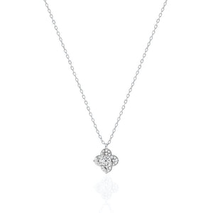 Silver necklace with a clover-shaped pendant on a white background