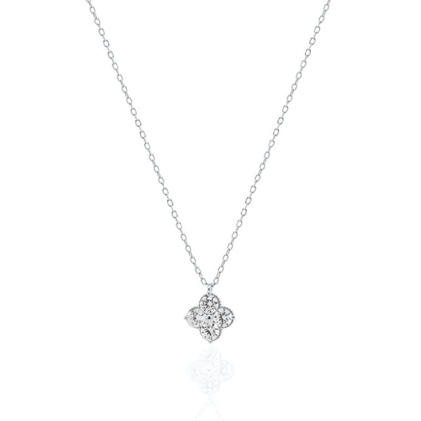 Silver necklace with a clover-shaped pendant on a white background