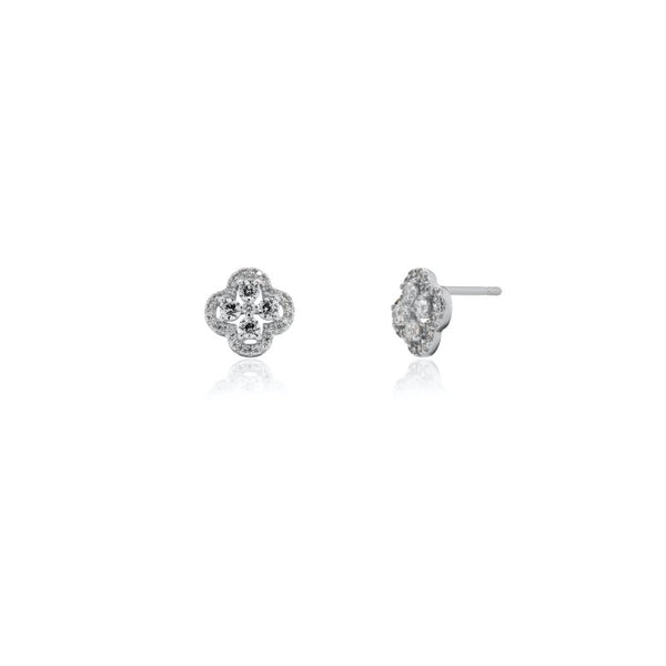 Pair of silver floral earrings on a white background