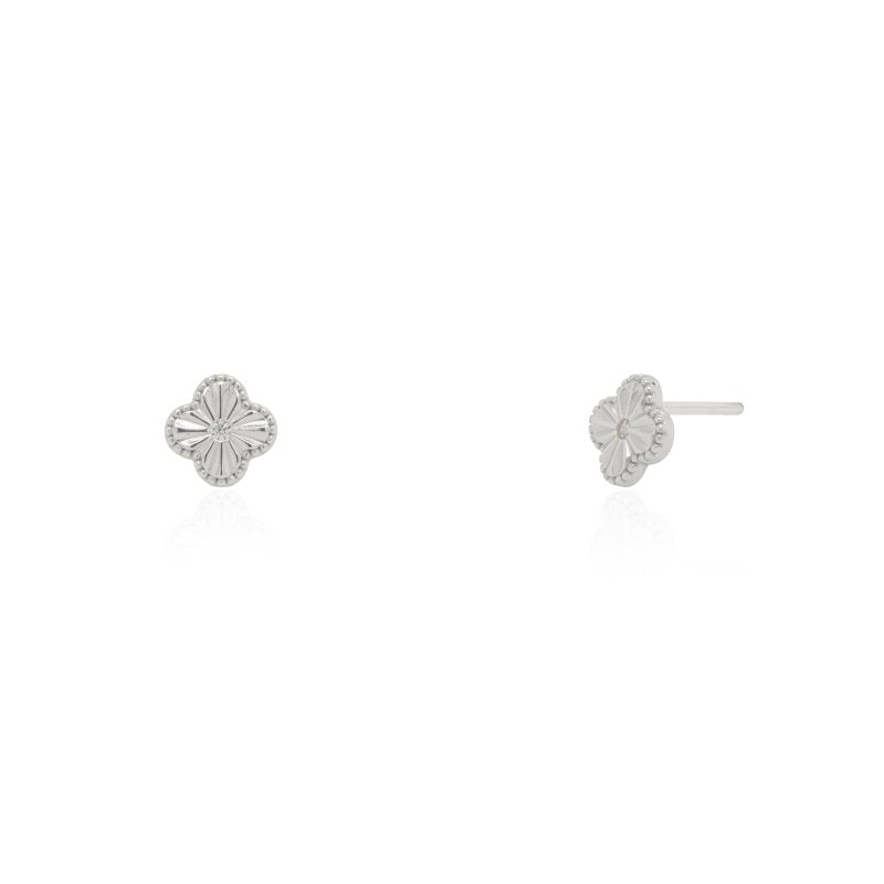 Pair of silver clover earrings on a white background