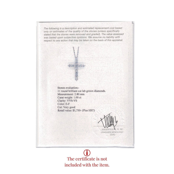 Certificate with diamond cross necklace description on a white background