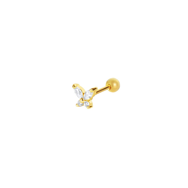 Gold butterfly-shaped earring with clear gemstones on a white background