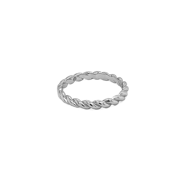 Silver ring with a braided design on a white background