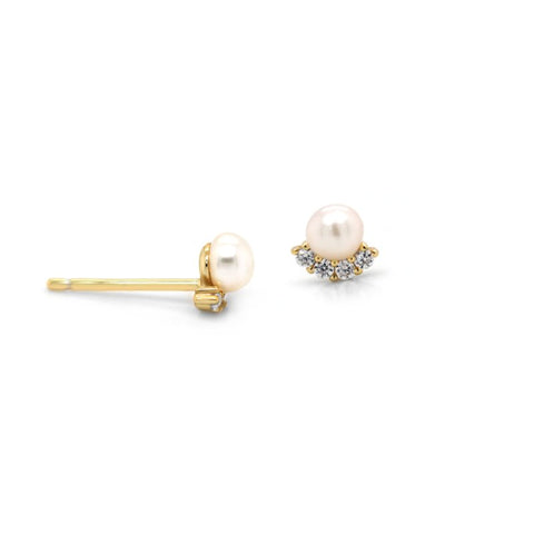 Pair of pearl earrings with gold accents on a white background