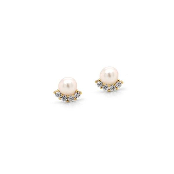 Pair of pearl earrings with gold accents on a white background