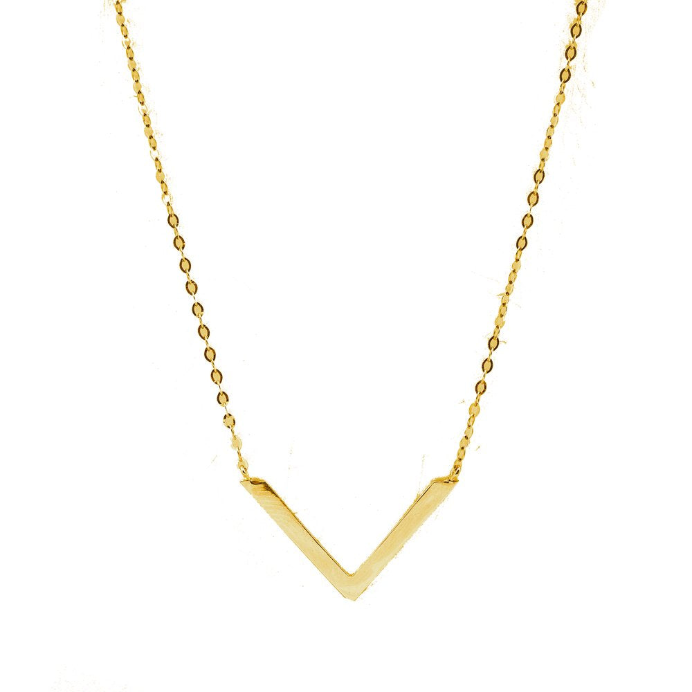 Gold V-shaped necklace on a white background