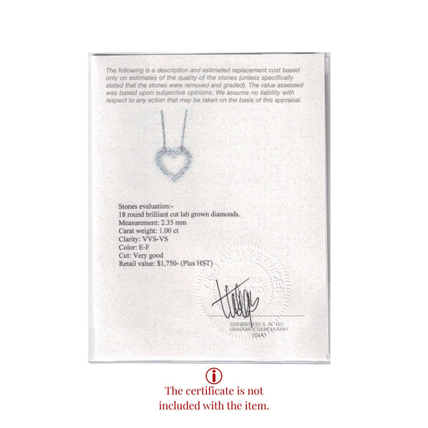 Jewelry certificate with heart-shaped pendant illustration and text on a white background
