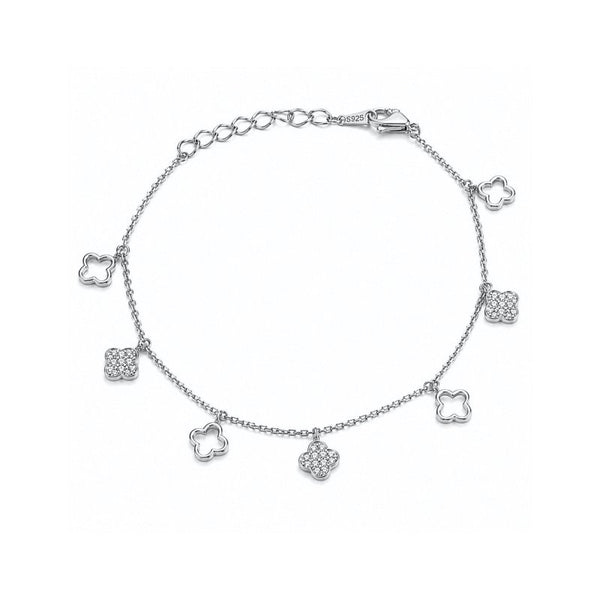 A silver-tone chain bracelet with five small clover-shaped charms and three larger textured floral clusters, displayed on a clean white background.