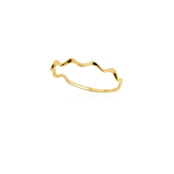 Gold ring with a wavy design on a white background
