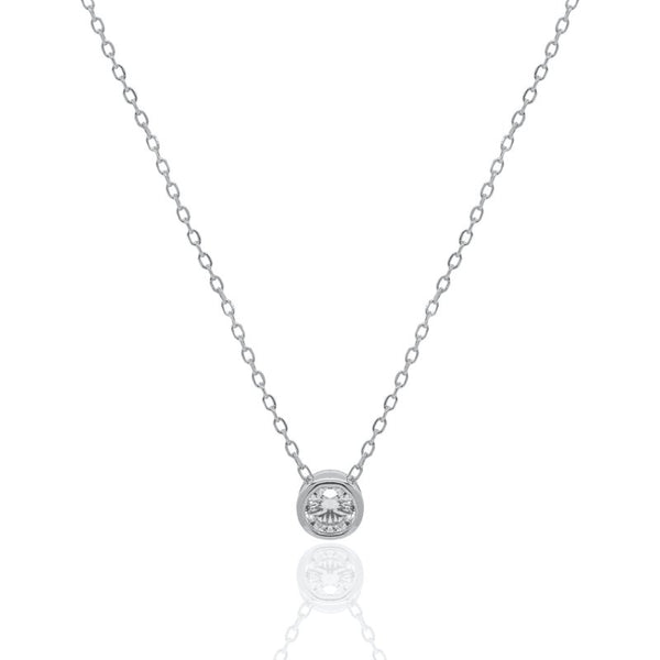 Silver necklace with a small round diamond bezel pendant on a white background