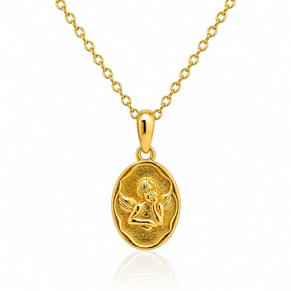 A gold pendant necklace featuring an oval medallion with an embossed angel figure, suspended from a delicate gold chain against a clean white background.