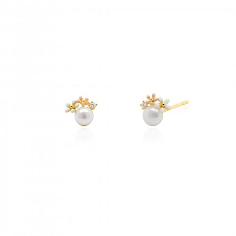 Pink Daisy Pearl Studs // 14k Gold Vermeil + CZ